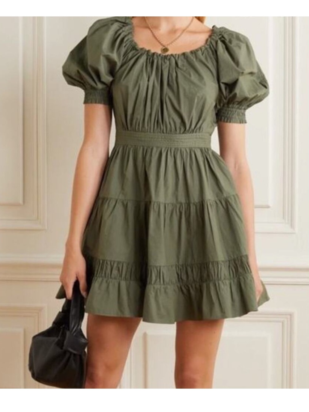 Ulla Johnson Olive Green Puff-Sleeve Tiered Mini Dress